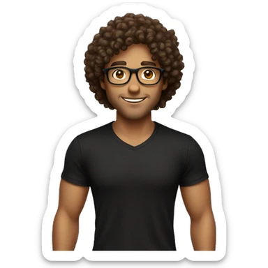 A guy with Italian and Brazilian characteristics, curly hair, using a classic brown glasses, dressed in black t-shirt,  sticker