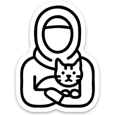 modern plain pashmina hijab woman holding a tabby cat, simple outline style sticker