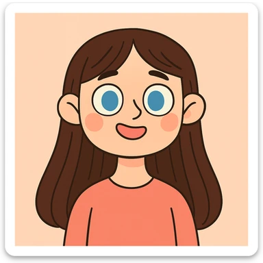 portrait of a girl with long straight brunette hair and blue eyes, soft pastel cartoon style sticker