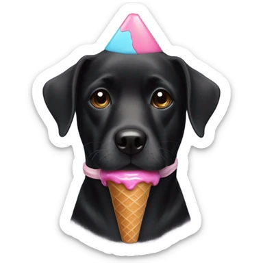 black dog wearing a cone and a donut around her neck sticker