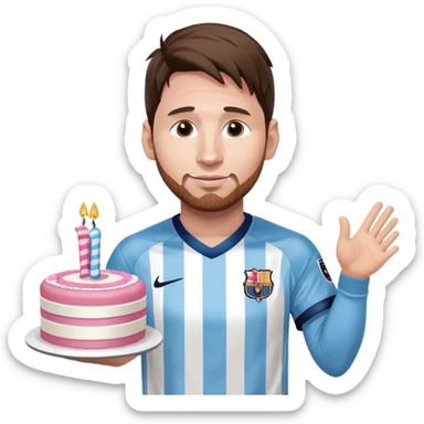 Lionel Messi wearing his white and blue striped jersey holding a pink pretty birthday cake sticker