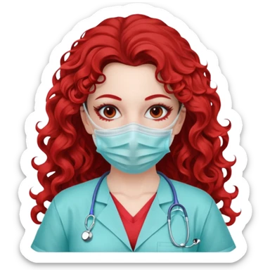 Lilith symbol seductress long curly hair evil surgeon.  brown hair. Red surgical mask.  covering. She works for cartel and kills  with a scalpel. Sexy surgeon outfit sticker