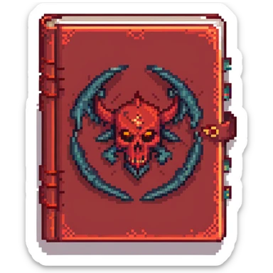 Make the red cursed book with dark aura look even more evil by adding demonic symbols, jagged edges, and a swirling shadow. Pixel art style with no background. sticker