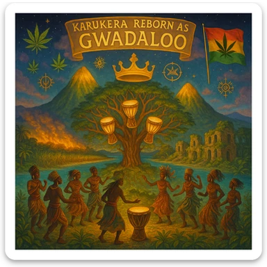 Create a powerful, surreal vision of the Caribbean island Guadeloupe, reimagined as ‘Gwadaloo’ — its sacred, sovereign identity restored. The island is lush, tropical, and volcanic, with two green volcanoes glowing golden at the peaks. In the center stands a giant mystical Drum Tree, its branches bearing carved drums instead of fruit, glowing with rhythmic light. Ancestral spirits of African and indigenous lineage dance in a circle around the tree, surrounded by floating ganja leaves and sacred symbols. Sugarcane fields burn gently in the background, symbolizing the end of colonial suffering. Ruins of colonial buildings crumble into the earth, reclaimed by vines and jungle. Above the island, a glowing banner in the sky reads: ‘Karukera reborn as Gwadaloo.’ A ganja-leaf flag waves high in red, green, and gold, and a golden Creole crown floats in the sky above the island — not worn by any man, but held in rhythm. The ocean is turquoise, the light is divine, and the entire scene radiates spiritual victory, cultural remembrance, and cosmic rhythm. Use a warm, cinematic palette of golds, greens, blues, and purples. Style should feel epic, sacred, and symbolic — a rebirth of Caribbean power. sticker