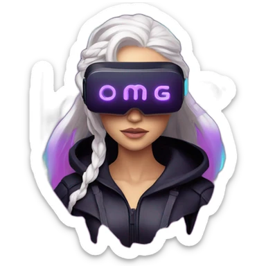 Daenerys Targaryen wearing a black hoodie with "OMG" letters on it and VR headset in a cyberpunk VR environment with violet neon lighting. sticker