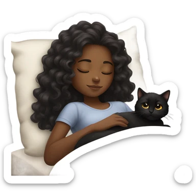 Black girl with long curly dark brown hair, sleeping next to black cat sticker