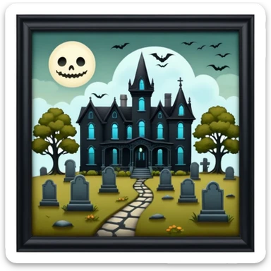 Adams Family style Romantically overgrown Haunting graveyard field Victorian mansion  sticker