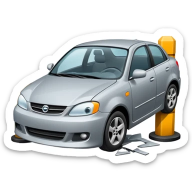 car crashed to a trafic barrier barrier in front of car and car front panel broken sticker