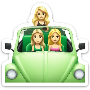 Two Caucasian blonde girls and two Caucasian brunette girls in a green VW beetle convertible sticker