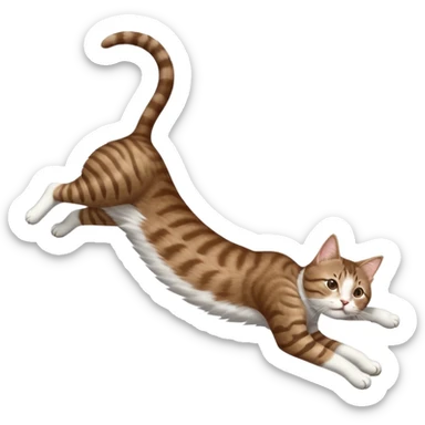 brown tabby and white cat with doing a big extremely long stretch reaching up into the air with arms and legs side by side together straight and overextended whilst lying on its side sticker