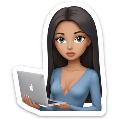 Glamours, tanned, very beautiful girl, with big pump peach-beige-rose lips, long lashes, black straight smooth silky long hair, straight parting hair, blue-grey eyes, in light-grey v-neck bodysuit holding MacBook sticker