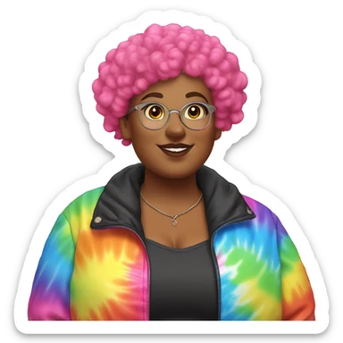 Plus size black woman with pink curly pixie cut hair and a rainbow tie dye bubble jacket  sticker