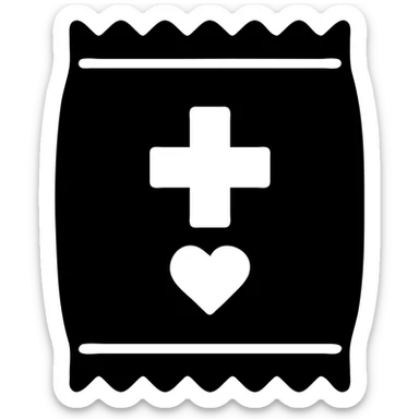 Sealed intimate health clinic packet with red cross symbol and subtle heart icon, medical packet design sticker