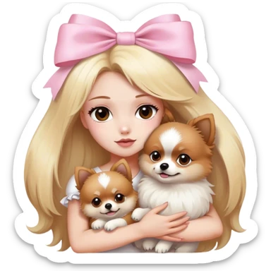 Blond girl white skin brown eyes hugging white and brown Pomeranian with light pink bow sticker