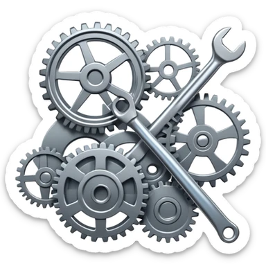 An icon featuring gears, a wrench, and mechanical blueprints, symbolizing mechanical engineering. The design includes pistons, turbines, and technical drawings, representing the design, construction, and operation of machinery. Transparent background  sticker