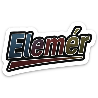 Elemér name in masculine, modern gradient font with dark contour, prominent and clearly visible white outline around the letters as in the sample, dynamic slanted underline, masculine color shades (blue, gray, burgundy, green, brown), 1000x1000 px, PNG, transparent background, in the style of the uploaded Attila sample. sticker