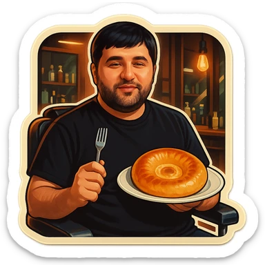 "A man wearing a black shirt is sitting calmly in a modern barbershop chair, inside a stylish barbershop with wooden and black interior. The man is holding a white plate with a traditional Uzbek round bread (non) on it, and a fork in his other hand. The atmosphere is warm and softly lit, with mirrors and hair products visible in the background. The scene feels relaxed, cozy, and humorous due to the unusual setting of eating bread in a barbershop. sticker