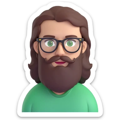 white male mid 30s green eyes black square glasses long brown beard with medium length brown hair sticker