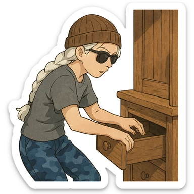 1 female, long white braid, knit cap, dark sunglasses, GRAY T-SHIRT, blue camo pants, LOOTING A CABIN, OPENING A DRAWER sticker