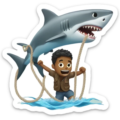 man holding a sharkwith a rope around its mouth and jumping out of water with it sticker