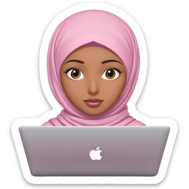 Medium brown skin woman wearing light pink hijab with natural makeup, long eyelashes and lip gloss working behind laptop sticker