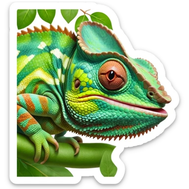 cinematic giant-tongue out chameleon-realistic emoji, mouth wide open with tongue out, -blending-with-vibrant-greenery.-detailed-scales-in-shifting-colors,-showing-the-chameleon’s-ability-to-camouflage.-soft-natural-light-highlights-its-texture.-light-background, zoomed into its face sticker