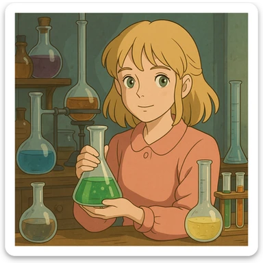blonde girl with green-grey eyes, in pink clothes, surrounded by chemistry equipment, chemist style sticker