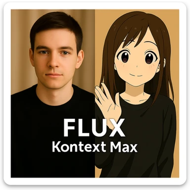 same similar image but chnage the text to "Flux Kontext Max", change people and pose too sticker