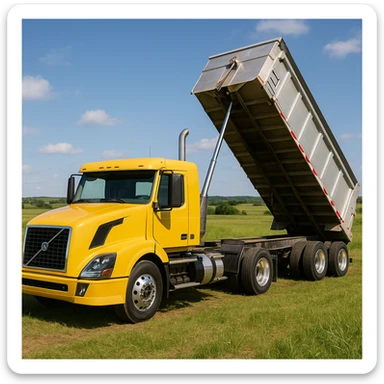 ultra-realistic Volvo yellow semi sleeper truck and silver end dump trailer, trailer tilted up as if dumping, daytime scene in a photorealistic countryside with grassy fields and blue sky sticker