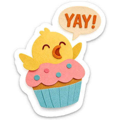 chick in cupcake costume shouting “Yay!”, paper-craft style sticker