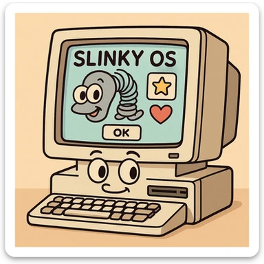 retro computer with a whimsical Slinky OS interface, cartoon style sticker