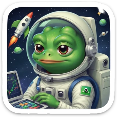 Pepe the Frog as a trader, with charts on the screen, in space with a rocket, meme art style, hilarious and bright sticker