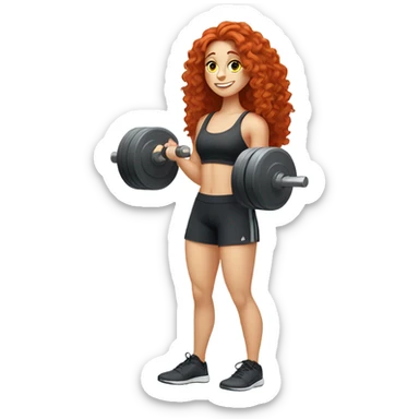 Sporty white Girl coach with long curly red hair doing exercice with weights sticker