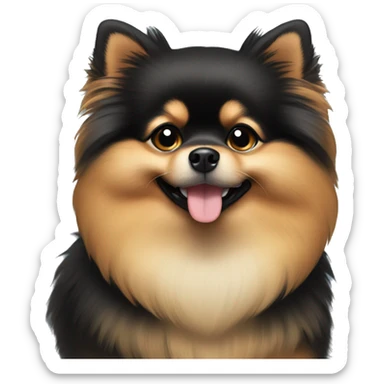A small black-and-tan Pomeranian is smiling and lying down sticker