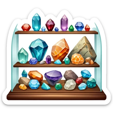 Icon for Mineral, Stone & Fossil Collecting: a display of various colorful minerals, gemstones, and fossils, arranged neatly on a table or shelf. The icon should reflect the beauty and scientific interest of collecting natural specimens. Transparent background. sticker