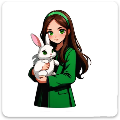 Long brown haired, green eyed girl holding a bunny. The bunny has floppy ears and is grey in color. sticker