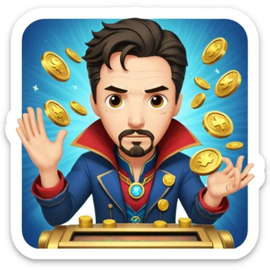disheveled Doctor Strange losing money at a slot machine, panicked face, coins flying sticker