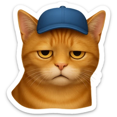 Change the cat's face expression to bored, keep the blue cap, and set the background to transparent. Make the style as close to the original realistic emoji as possible, with detailed fur texture and lifelike appearance. sticker