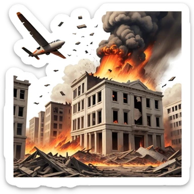 A vintage movie poster-style design with a dramatic scene of a natural disaster like an earthquake, tornado, or tsunami. Include crumbling buildings, flying debris, and fiery explosions. The background should be chaotic, with a cinematic, apocalyptic vibe. Transparent background. sticker