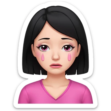 black hair woman with pink outfit and cry face sticker