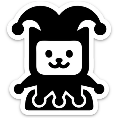 crazy cute little cat jolly joker from poker, medieval, vintage, court jester, mac os icon, purple, gold and red color, head + torso. Squared shape as 3D mac os icon, symmetrical sticker