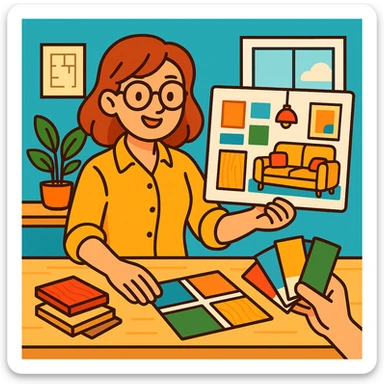 flat toon style interior designer with mood board and samples, bright colors sticker