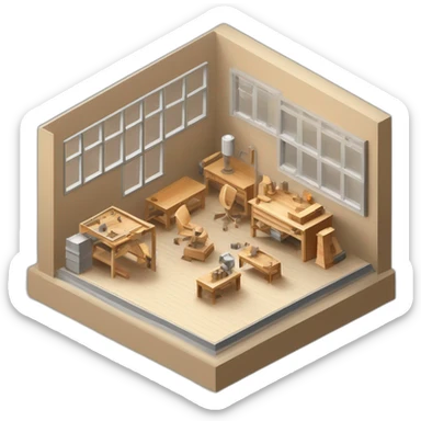 isometric square solid outline border box containing indoor creative workshop factory woodworking metalworking people actively working cnc machine tools simple clean industrial brutalist sticker