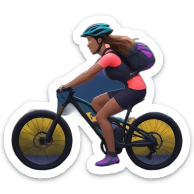 Illustrate a woman on an advanced bike with neon accents, biking on a scenic mountain trail at dusk sticker