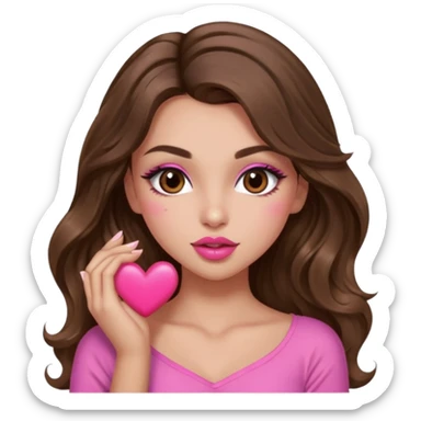 girl with long wavy brown hair, brown eyes, long lashes makeup, sexy pink lips, light to medium complexion, wearing a pink sexy top, sexy , puckering, blushing, kissing a heart sexy sticker