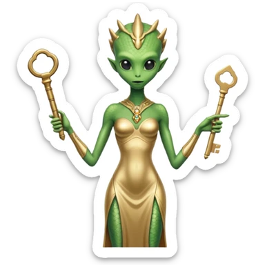 a reptilian alien woman full body, in gold dress, hold big key sticker
