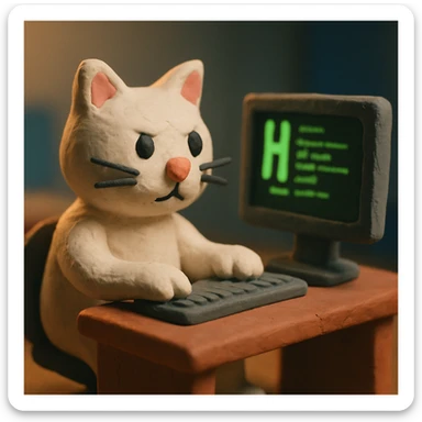 claymation style white hacker cat sitting at a desk with a monitor sticker