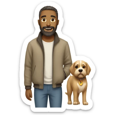 Bearded man taking his short hair beige dog for a walk  sticker