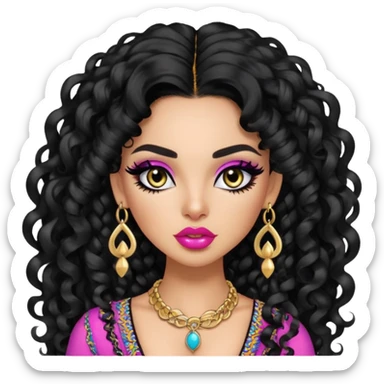 Colombian, pretty lips, colombian clothes, skin, long black curly hair, jewelry, pretty bratz baddie, black eyeliner sticker