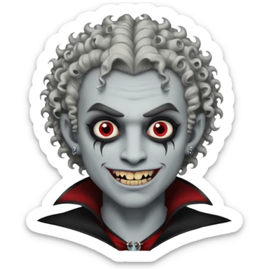 Vampire with grey skin, fanged teeth, piercings on eyebrow, two dermal piercings on cheek, and curly hair male sticker